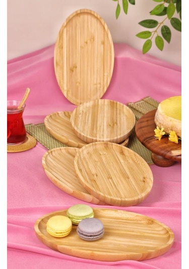 Bambum 6'lı Yuvarlak Servis Tabağı Seti Kahvaltı, Pasta Ve Sunum Tabakları Büyük Bambu