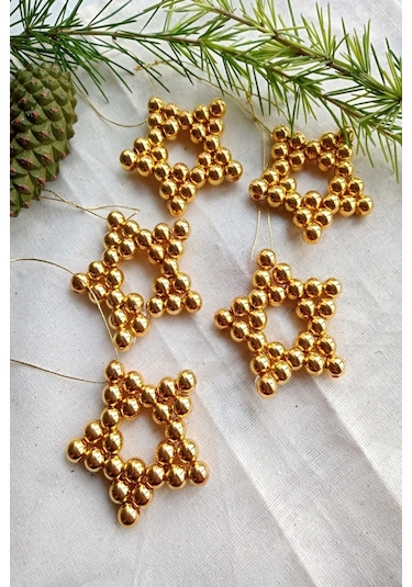 Stars - 5 Adet Parlak Gold Yıldız Dekoratif Süs - Kapı Süsü - Yıl