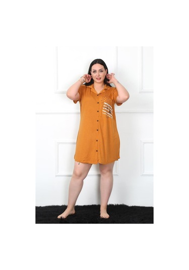 Akbeniz Büyük Beden Penye Düğmeli Hardal Tunik Gecelik 1025-hardal Hardal