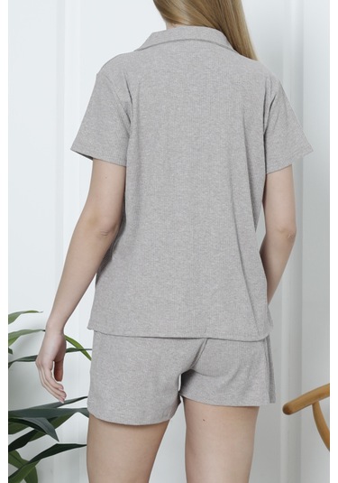 Kadın Şortlu Pijama Takımı Kısa Kollu Kaşkorse Salaş Cepli Koyu Vizon Nıc1070 R29 Koyu Vizon