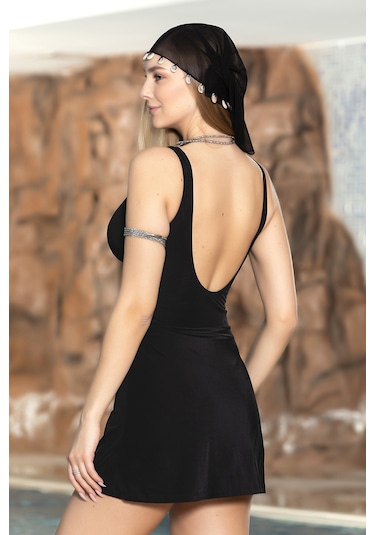 Şortlu Elbise Mayo Etekli Mayo Yüzücü Mayo 1906-01 Siyah Siyah