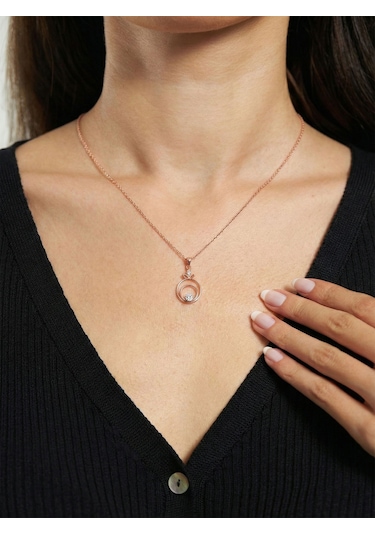 925 Ayar Zirkon Taşlı Rose Çiçekli Halka Gümüş Kolye Rzn10065