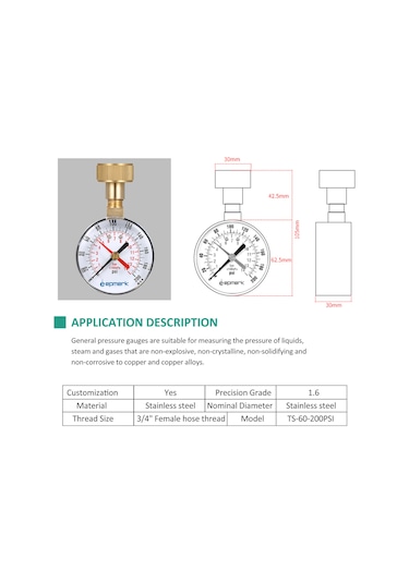 Maiyame "lepmerk 2-1/2" Su Basınç Ölçer - 3/4" Dişli, 0-200psı, Kırmızı Göstergeli"