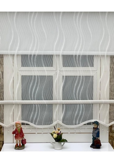 Ekru Spor Simetrik Desenli Çift Mekanızmalı Tül Stor Perde