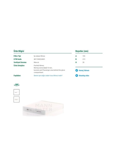 Toyota Corolla Polen Filtresi 2007-2018 Mann Cu1919