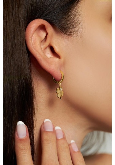 Zirkon Taşlı Gold Dört Yapraklı Yonca Halka Gümüş Küpe