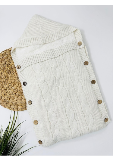 Colarado 70-45cm Kapüşonlu İçi Polar Yün Triko Kundak - Krem Krem