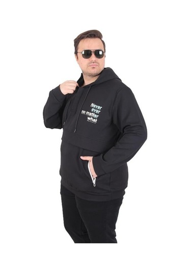Starbattal Büyük Beden Kapüşonlu Sweat Double Face Never 25706 Sıyah Siyah