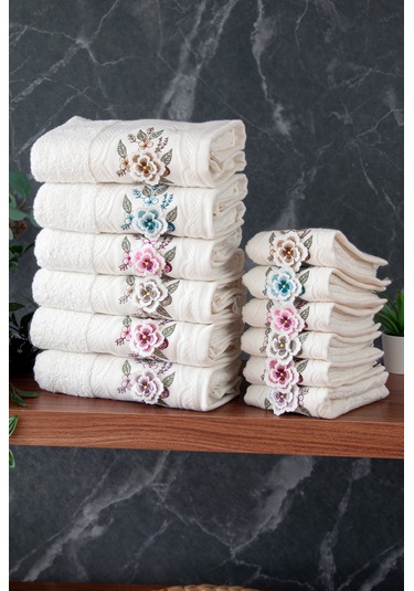 %100 Pamuklu 3d Çiçek İşlemeli 12 Li Analı Kızlı Çeyizlik Havlu Seti 50x90 Cm - 00030 Beyaz