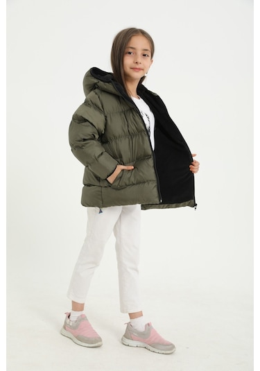 Kız Çocuk Haki İçi Polarlı Kapüşonlu Su Geçirmez Rüzgara Dayanıklı Cepli Şişme Kışlık Mont Haki