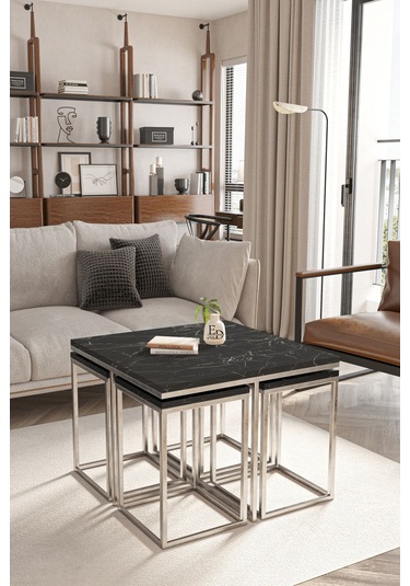 Lizbon 4+1 Kare Sehpa Takımı Gümüş Metal - Siyah Mermer Tabla Gümüş - Siyah Mermer