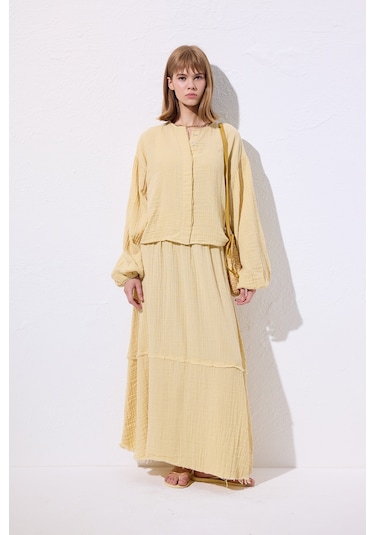 Müslin Katlı Geniş Etek Sarı Sarı