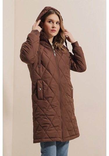 Munn Collection 5138 Kapitone Uzun Şişme Mont - Kahverengi Kahverengi