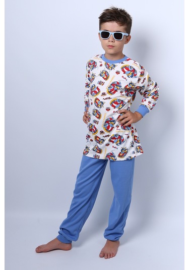 Hçm Erkek Çocuk Pijama Takımı Baskılı Ribanalı C69 Açık Mavi