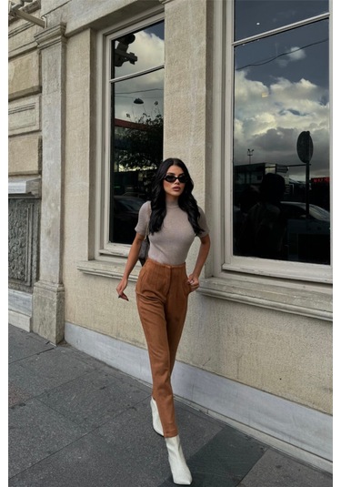 Gülsüm Aydın Süet Pantolon Pensli - Taba Taba
