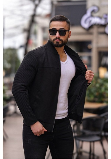 Erkek Süet Kolej Ceket Triko Siyah