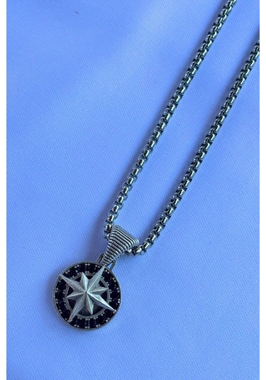 Pusula El İşçiliği Paslanmaz Çelik Zincir Erkek Kolye Gri