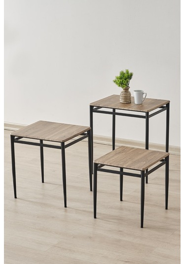 Damrin Serisi Traverten Desen 1. Sınıf Mebran Mdf 3 Lü Zigon Sehpa Takımı Ceviz Desen - Siyah Ayak