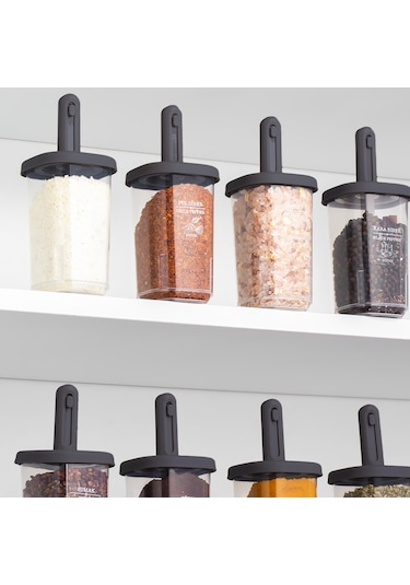 Porsima 1097 Kaydırmalı Kaşıklı Baharatlık Seti 12'li  Şeffaf - Antrasit