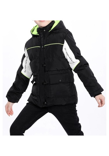 Erkek Çocuk Kolları Renk Bloklu Yazı Desenli Şerit Detaylı Fermuar Çıtçıt Kapamalı Siyah Renk Mont Siyah