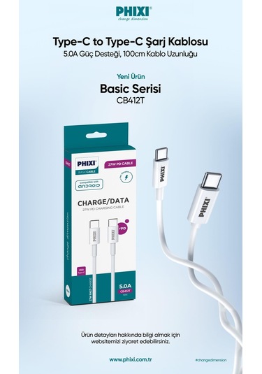 Phixi Basic CB412T Type-C to Type-C USB Şarj Kablosu