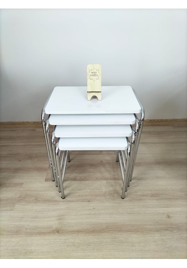 Evko Mobilya Buket Sehpa, 4'lü Zigon Sehpa, Dörtlü, Krom-beyaz