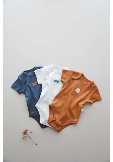 3lü Nakışlı Çıt Çıtlı Kısa Kollu Body Zıbın Model 4 Indigo