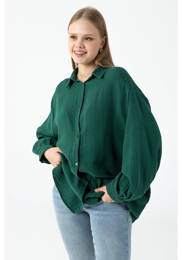 Giysa Kadın Uzun Kollu %100 Pamuklu Oversize Gömlek Yeşil - 26k 2012 Yeşil