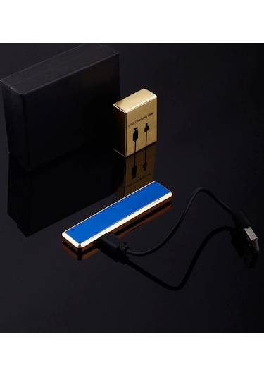 Şık Görünümlü Usb Şarjlı Rezistanslı İnce Slim Metal Çakmak Mavi Lisinya Ahşap