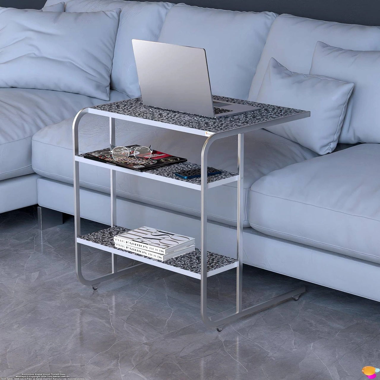 Modilayn C Yan Sehpa Geniş Boy Tekerlekli Çalışma, Atıştırmalık, Yemek, Laptop Sehpası Siyah Desenli Siyah