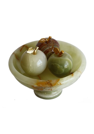 Oniks Doğal Taş 3 Lü Elma Biblo Seti 6 Ayaklı Çanaklı El Yapımı Dekoratif Meyve Seti Yeşil