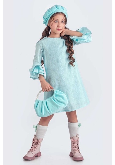 Valon Kesim Elbise Şapkalı Çantalı Mint Yeşil