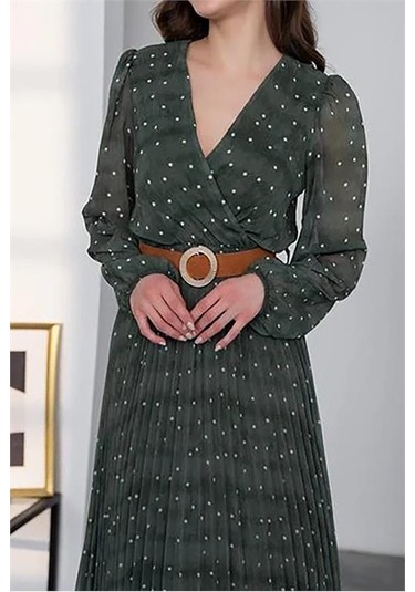 Neşeli Butik Kadın Kemerli Puantiye Desenli Şifon Elbise Nbmy3286 Yeşil