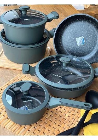 Maya Döküm Tencere Seti Haki Yeşil 9 Parça Haki