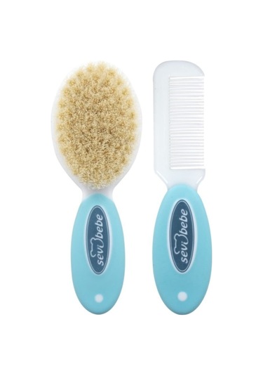 Sevi Bebe Naturel Fırça Tarak + Bebek Duş Başlığı Seti Mavi