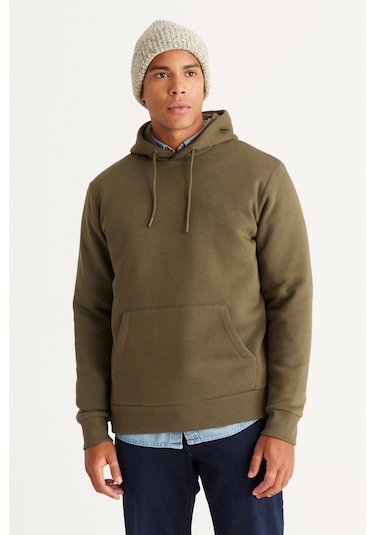 Erkek Hakı-sıyah Pamuklu Standart Fit Normal Kesim Kapüşonlu Kanguru Cepli Eşofman Takımı Hakı-sıyah