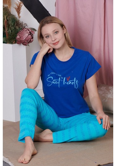 Kadın Kısa Kollu Yazı Baskılı Saks Pijama Takımı K-20144 Saks