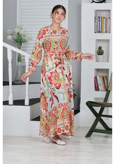 Kız Çocuk Viskon Kumaş Desenli Uzun Elbise Kiremit