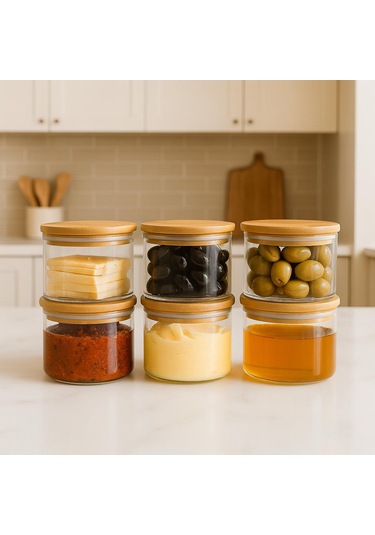 6'lı Borosilikat Cam Kahvaltılık Seti - Sızdırmaz Silikonlu Bambu Kapak - 90 X 70 Mm-400 Ml Beyaz