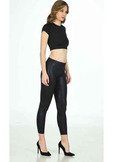 Kadın Parlatma Deri Desen Tayt Koyu Kahverengi SiYAH