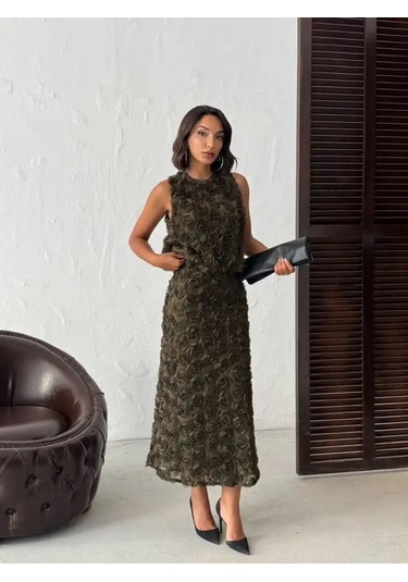 Gül Desenli Tül Etek Haki Yeşili