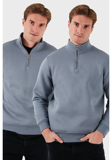 Buratti Pamuklu Regular Fit Dik Yaka 2'Li Paket Erkek Sweat 59052592S2 Koyu Gri-Koyu Gri