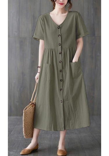 Barbora Keten Günlük Rahat V Yaka Beli Büzgü Detaylı Düğmeli Elbise Ln04haki5 001