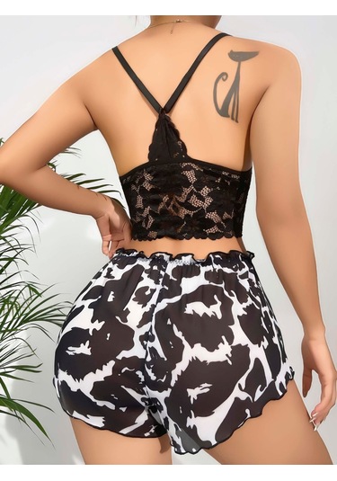 Hello Papana Kadın Siyah Leopar Desenli Dantel Detaylı Şortlu Gecelik Pijama Takımı 5055 Çok Renkli