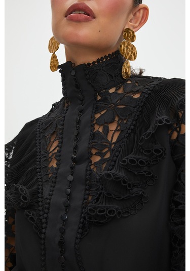 Kadın Dantel Detaylı Uzun Kollu Bluz - Yüksek Yaka, Transparan Kol, Şık Ve Modern Tasarım - Ofis Ve Özel Davetler İçin Bluz Siyah
