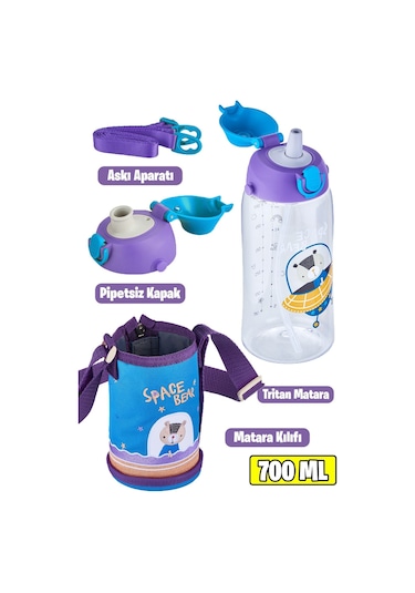 Uzspace 700 Ml Kılıflı 2 Ayrı Kapaklı Pipetli/pipetsiz Tritan Çocuk Su Matarası