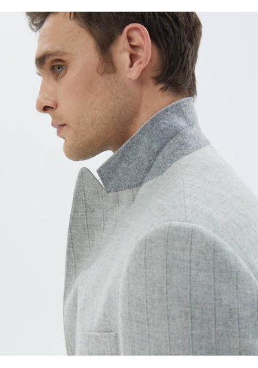 Kip Açık Gri Çizgili Modern Fit Yün Karışımlı Takım Elbise Çok Renkli