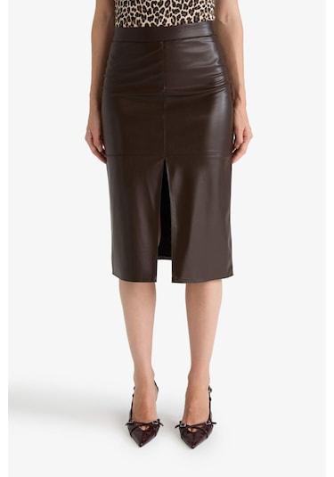 Defacto Kalem Yüksek Bel Penye Astar Suni Deri Midi Etek D4638ax25aubn116 Kahve