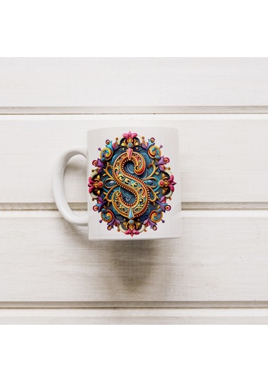 S Harfi Boho Bardak, Renkli Özel Tasarım Hediyelik Harfli Kupa, 330ml Porselen Beyaz