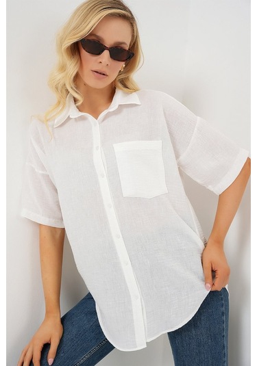 Gülsüm Aydın Kısa Kol Keten Görünümlü Gömlek 20336 - Beyaz Beyaz